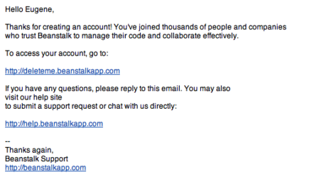 The original Beanstalk welcome email.