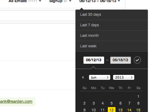 You can select date ranges when you want to research delivery from Postmark.