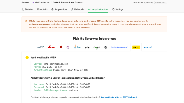 Image of the SMTP section within the Postmark dashboard.