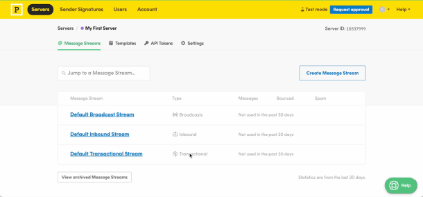 Postmark server dashboard