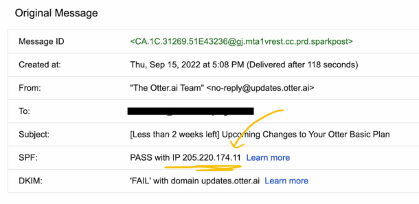 A message header visualizing the SPF results for a domain