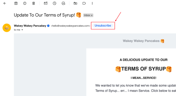 arrow pointing to Unsubscribe button at the top of email within Gmail inbox