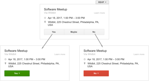 A screenshot of an RSVP action dropdown and the Yes/Maybe/No options.