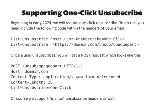 screenshot of Yahoo's unsubscribe guidelines for senders