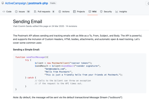 Postmark's API instructions for sending emails