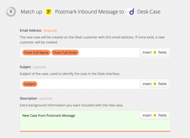 A screenshot of Zapier connecting Postmark and Desk.