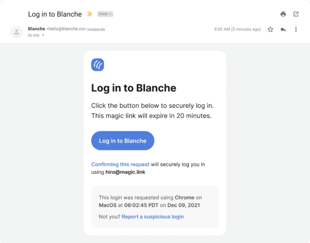 An example of transactional email that helps manage user login via a magic link