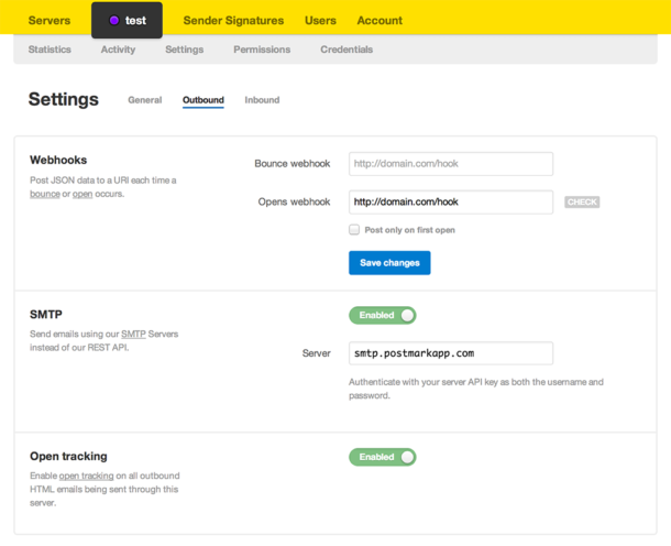 Postmark server settings page