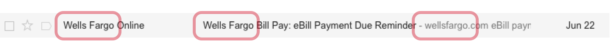 Screenshot of an email in Gmail where the sender, subject, and preview all repeat "Wells Fargo"