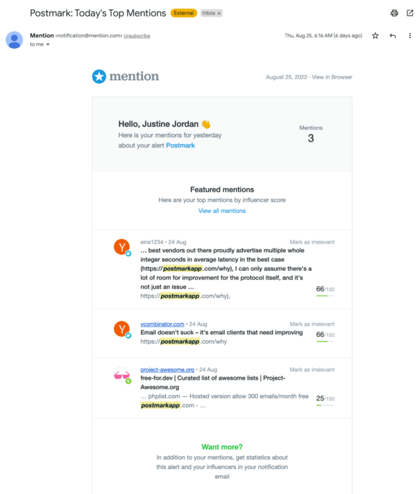 An example of transactional email used to deliver useful brand mention updates