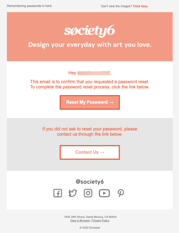 A screenshot of Society6's password reset email.