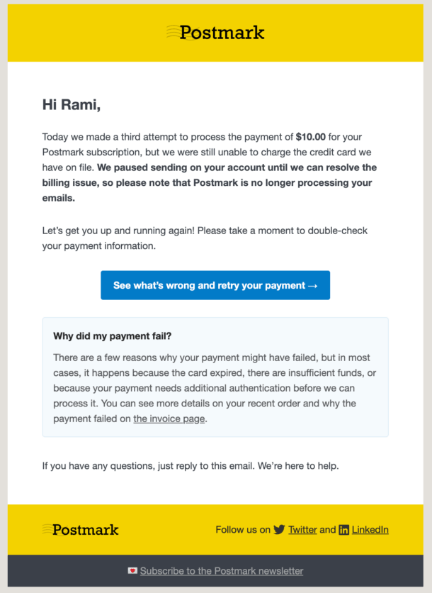 The third email in Postmark's dunning sequence