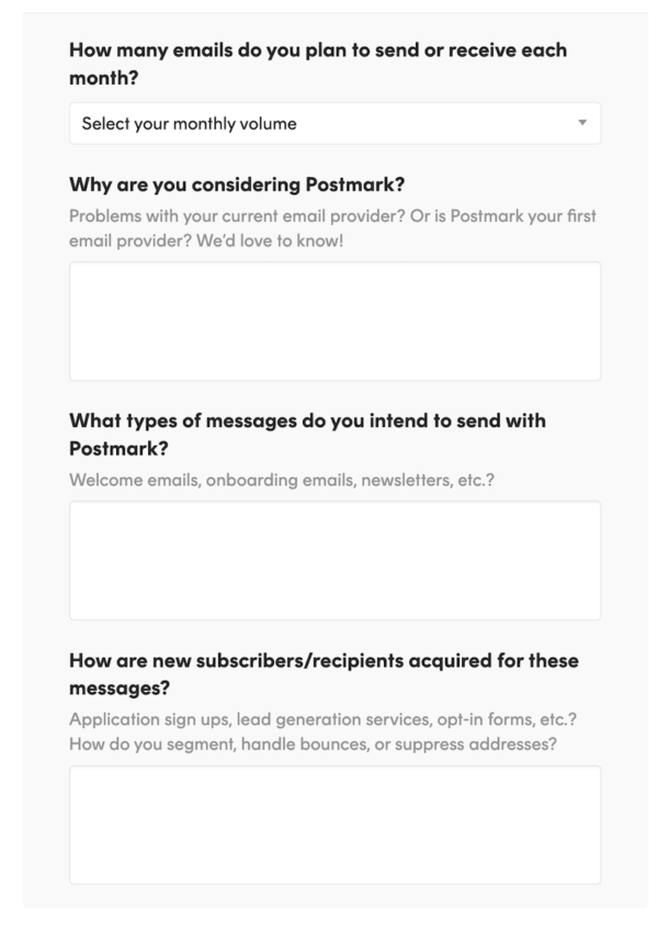 Postmark’s onboarding form