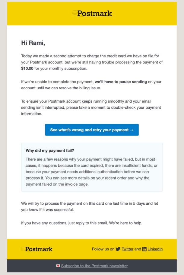 The second email in Postmark's dunning sequence