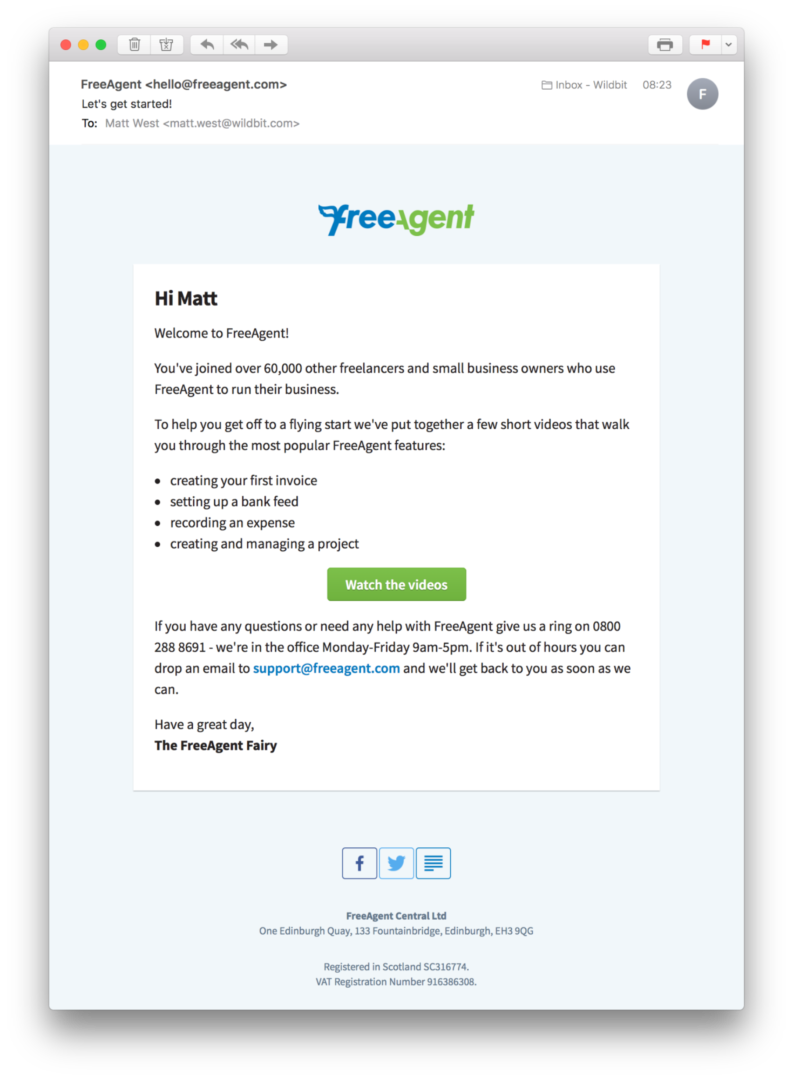 FreeAgent Welcome Email