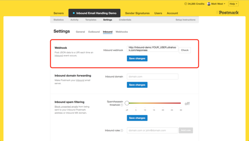 Setting up Ultrahook as a Webhook in Postmark example