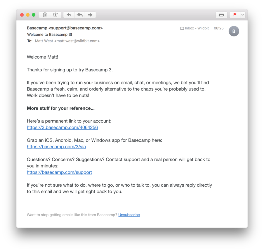 Basecamp 3 Welcome Email