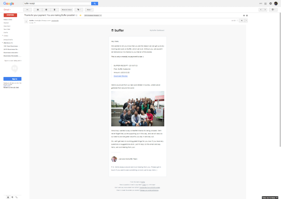 A screenshot of a Buffer receipt.