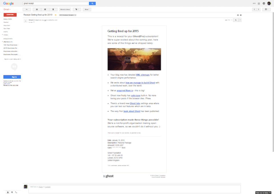 A screenshot of the email receipt for Ghost.