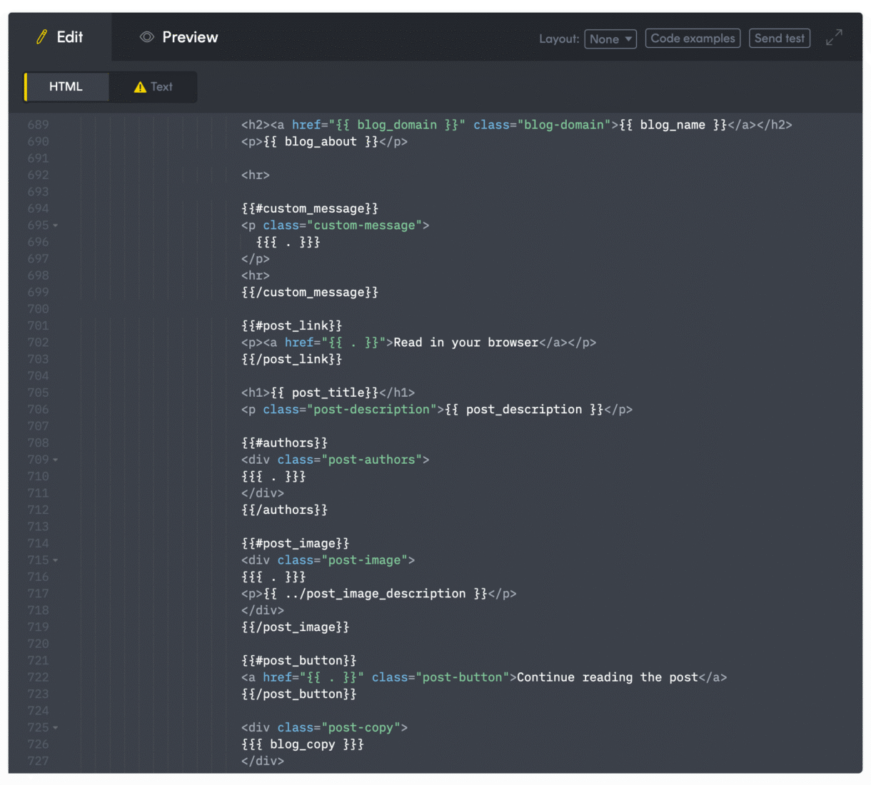 A visualization of variables layered into the Postmark Template HTML
