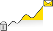 Illustration: A chart showing an inclining line from left to right with a trash can in the lower left corner and an envelope in the upper right corner