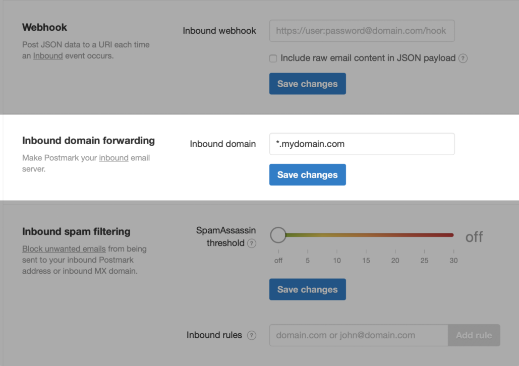 Inbound domain forwarding setting