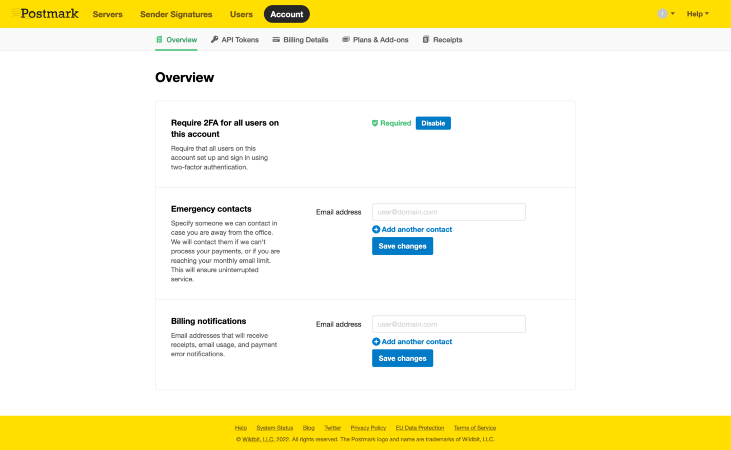 Screenshot of account settings like requiring 2FA, emergency contacts, and billing notification contacts.