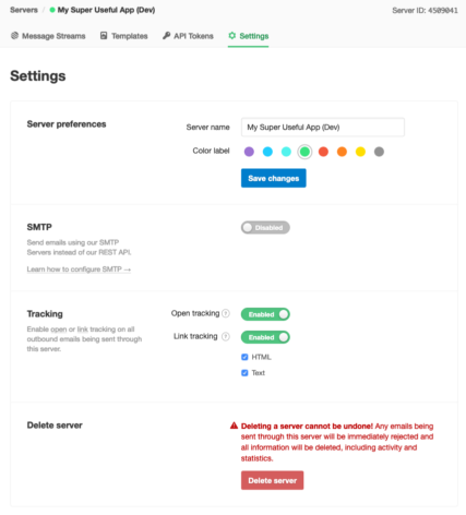 Screenshot of server settings featuring the server name, a color, SMTP settings, link and open tracking, and the option to delete the server.