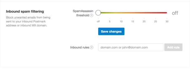 A screenshot of the slider for the SpamAssassin threshold as well as a text input field for adding rules for filtering spam.