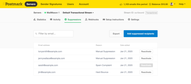 Screenshot of suppressions overview in Postmark