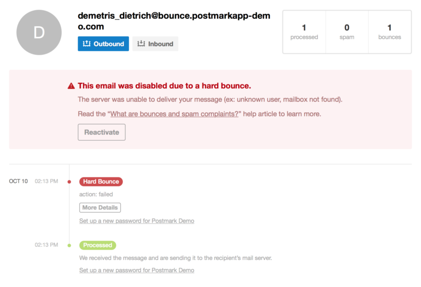 Screenshot of an email with a bounce notification and the option to reactivate.